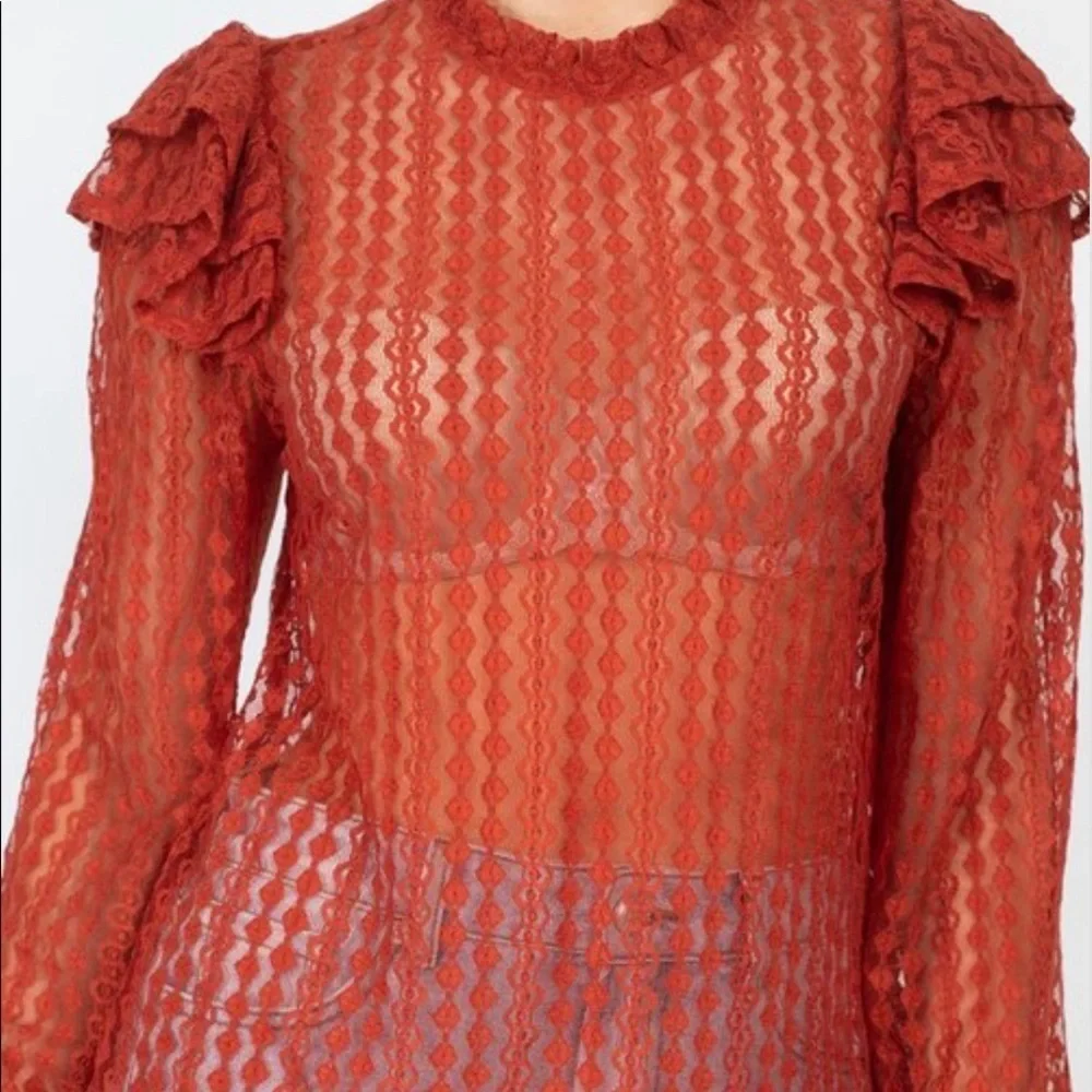New Trendy Brick Color Sheer Crochet Mock Neck Long Sleeve Blouse